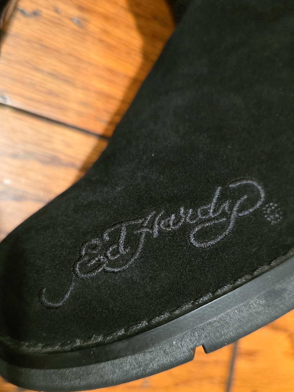 Ed Hardy Black Women's Knee-High Boots with Pink & Orange Rose Embroidery - Picture 4 of 8